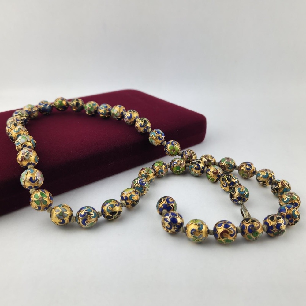 Cloisonné Bead Necklace Gold Gilt Enamel Floral‎ Hand Knotted Chinese Export
